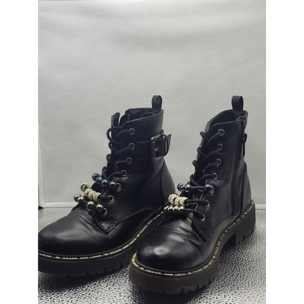 Steve Madden JBRINLY Girls Combat Boots Black Sz 1 Peace Love Zipper Lace Up